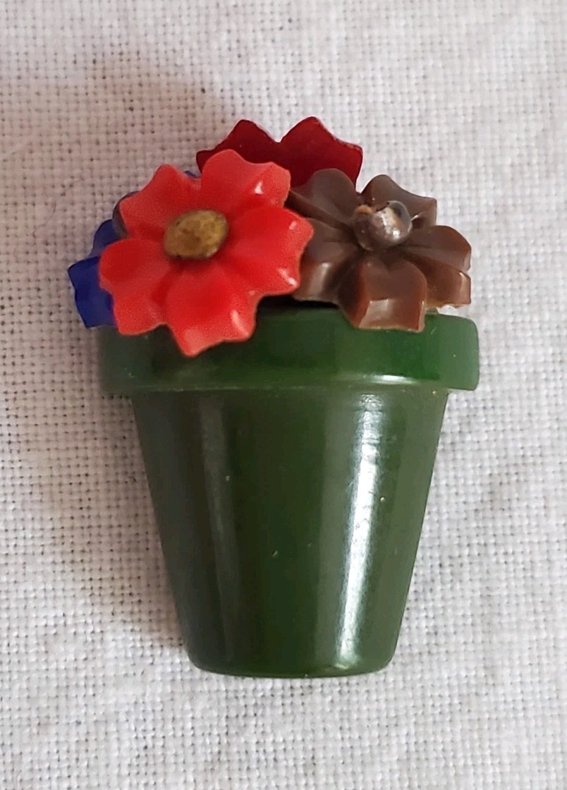 Vtg Rare Plastic 3D Flower Pot Button With 4 Movable Flowers, Bakelite?