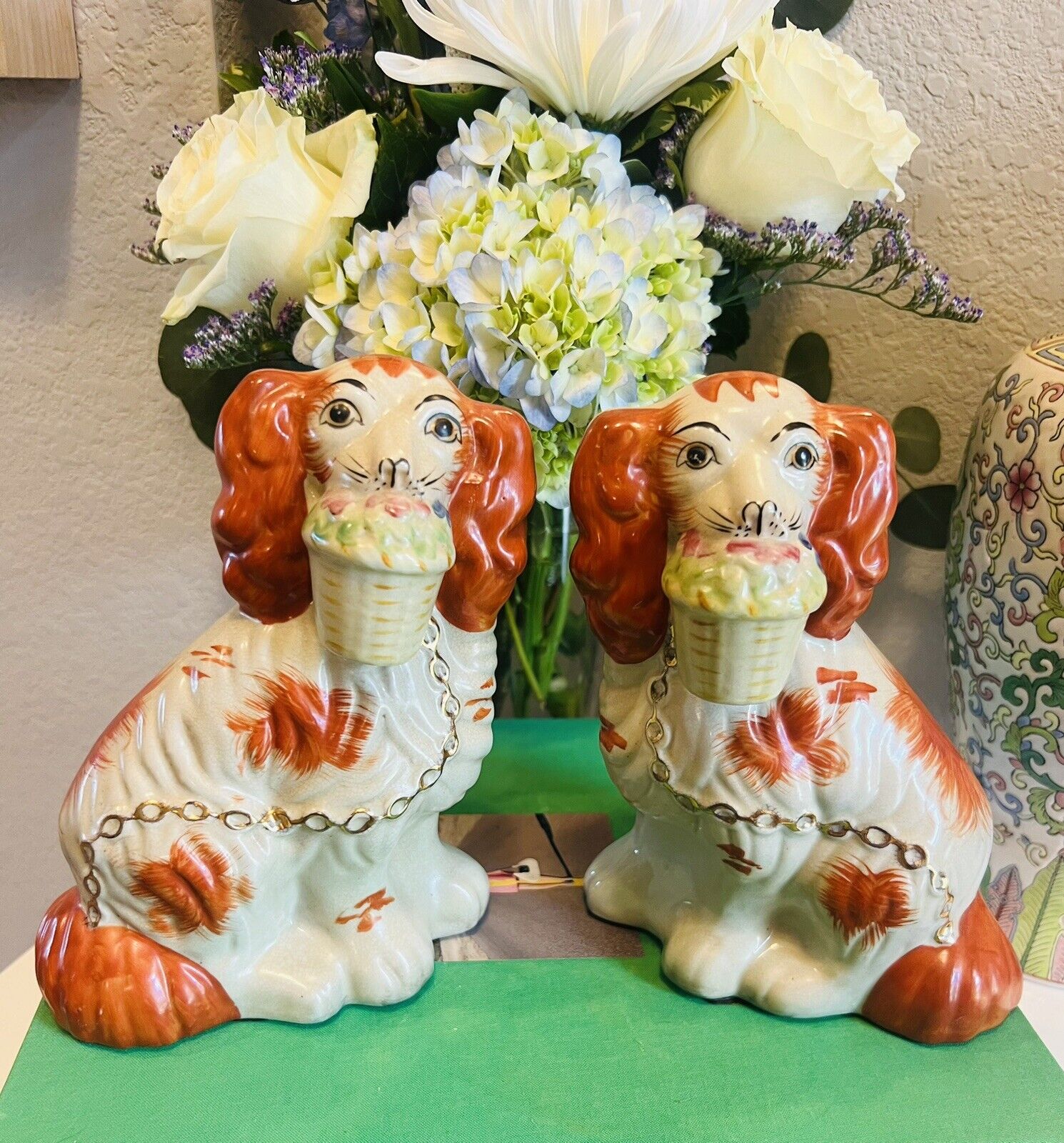 Pair Of Vintage Staffordshire Dogs With Baskets, Red And White
