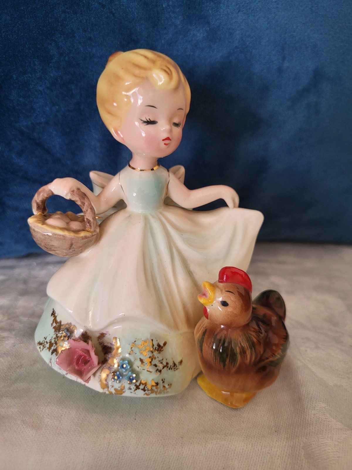 Josef Originals Farmer's Daughter series porcelain figurine egg basket chicken