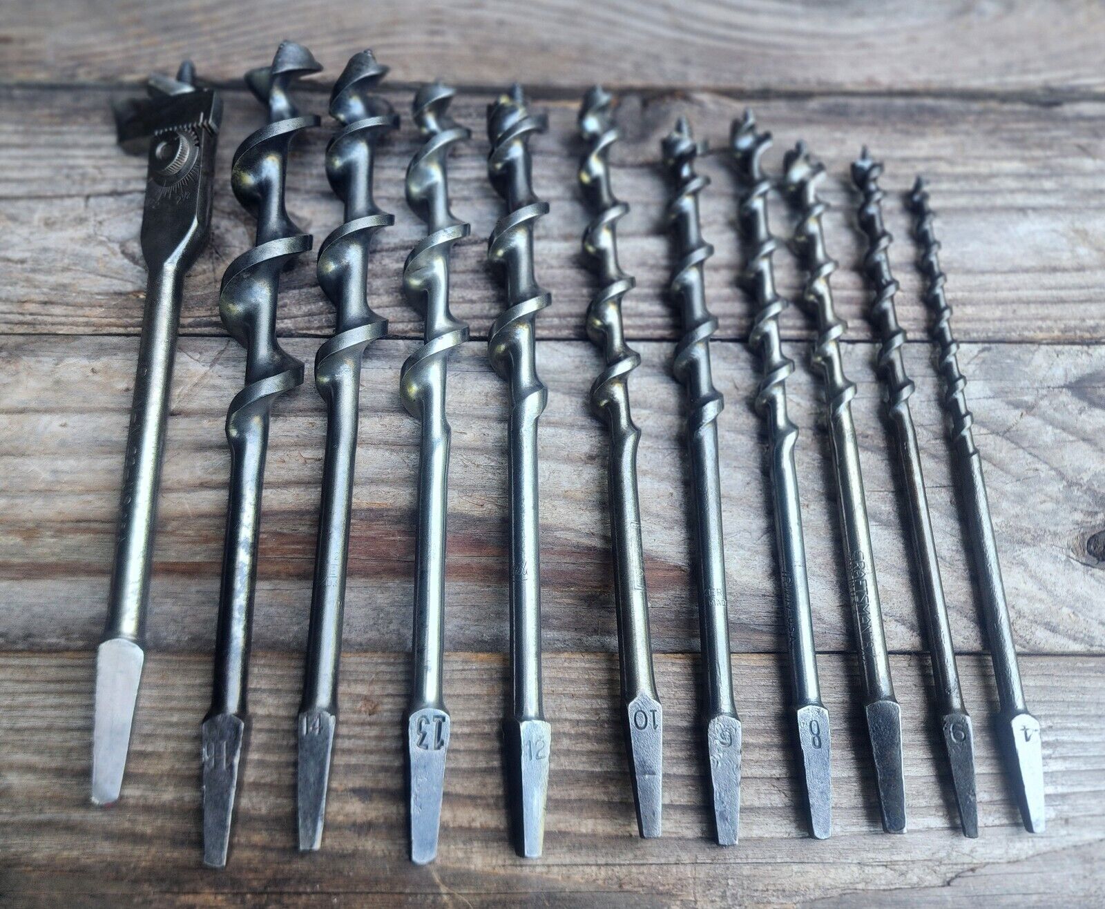 Vintage Set of 11 Auger Bits For Brace Drills Irwin Adjustable, Craftsman & More