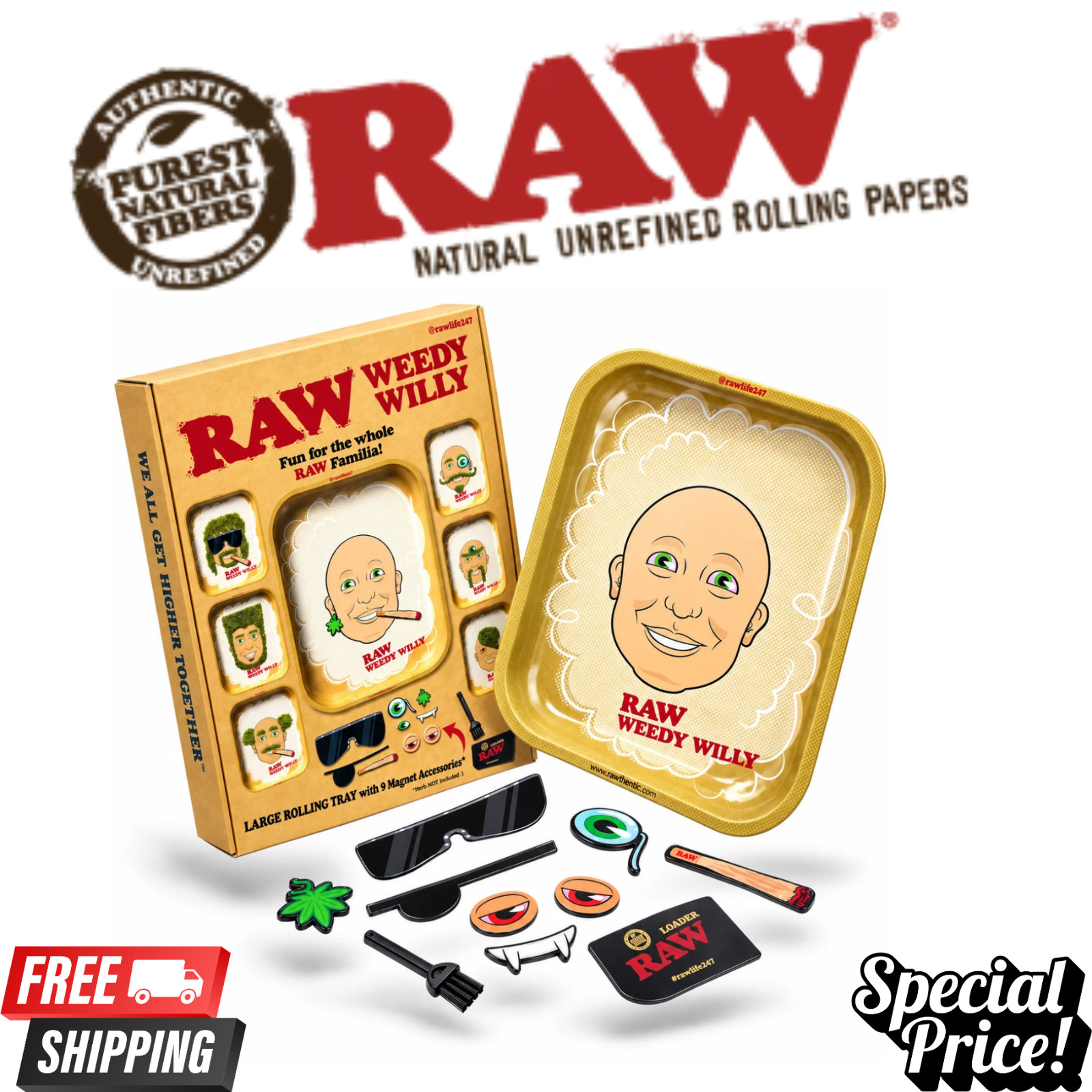 NEW RAW Willy Rolling Tray W/ Magnets 14x11 Large Magnetic Accessory Organizer