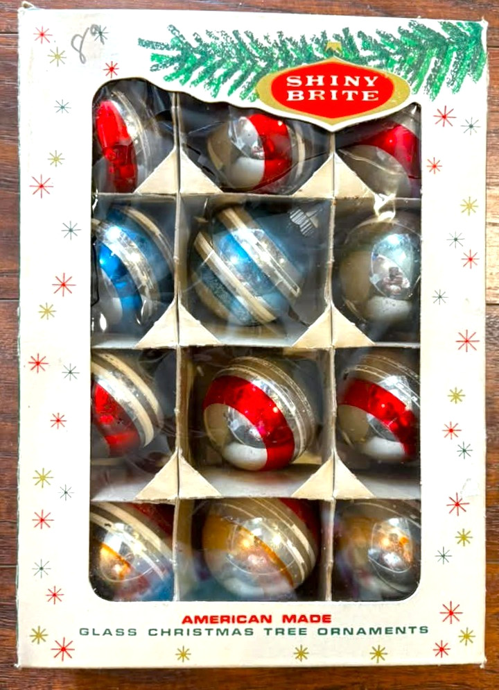 12 Vintage 1960's SHINY BRITE - STRIPED Mercury Christmas Ornaments in Box READ
