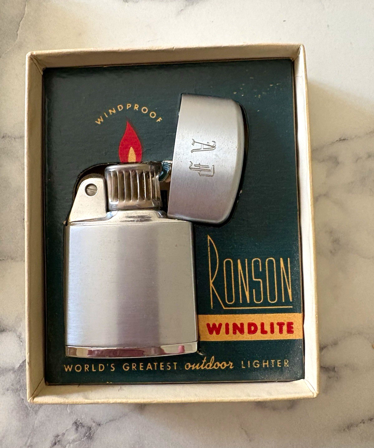 Vintage Ronson Windlite Windproof Outdoor Lighter w/ Box, Monogrammedpatent pend