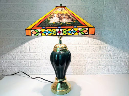 Vintage Tiffany Style Stained Glass Sheltie or Collie Dog Lamp