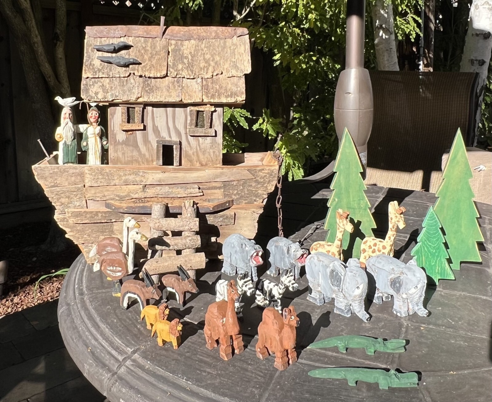 Vintage Primative Barnwood Noahs Ark/ Hand Carved and Painted Figures/Sunday Toy