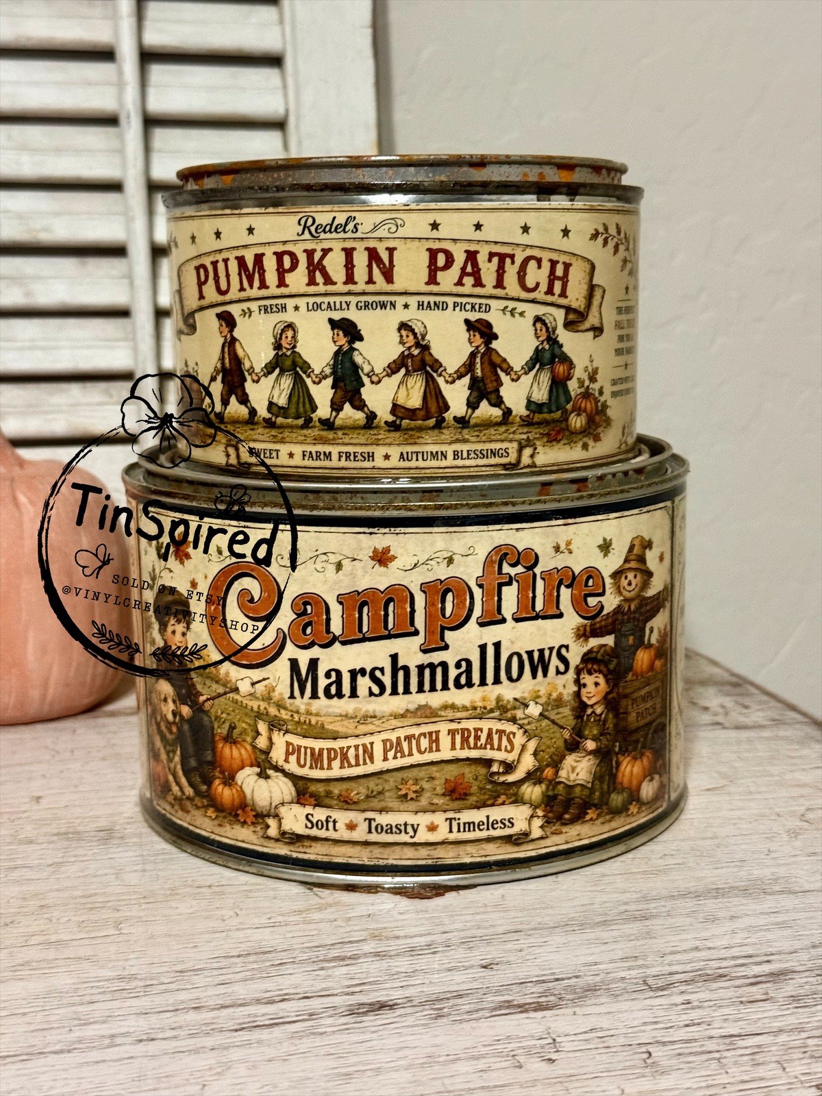 Primitive Fall Pumpkin Patch Campfire Marshmallow Tins Set of 2 Handmade Rustic