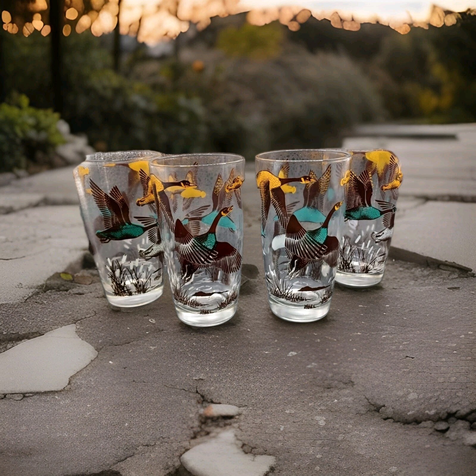 Vintage 4 Hazel Atlas Wild Geese Bird Cattails Lake Cabin Woods Tumbler Glasses