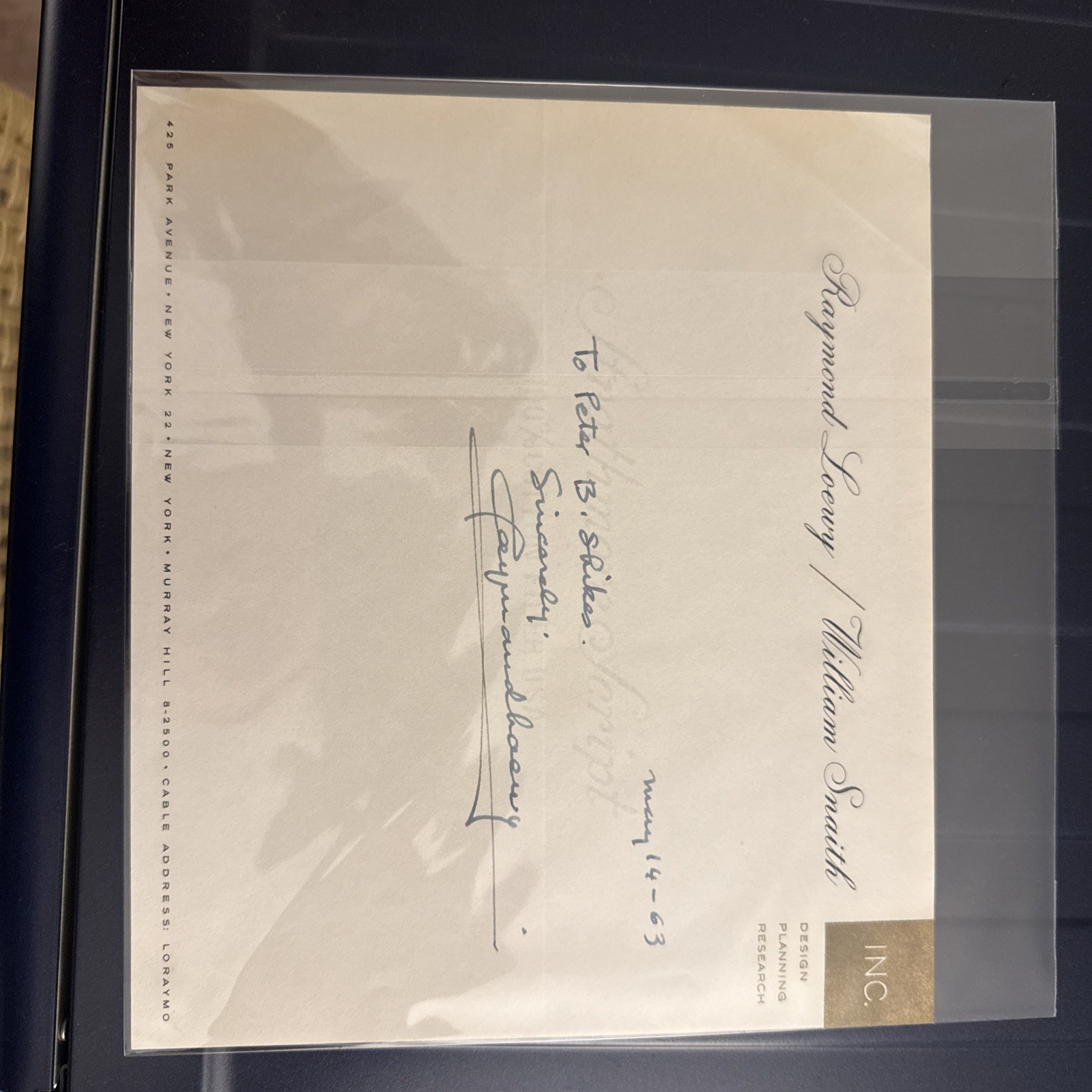 RAYMOND LOEWY - AUTOGRAPH NOTE SIGNED 05/14/1963