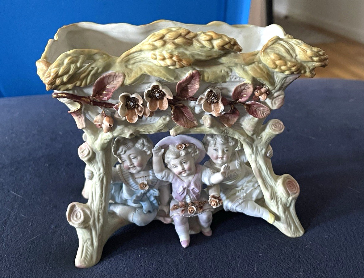Antique German Bisque Figural Planter Jardiniere 3 Children on Swing c.1900