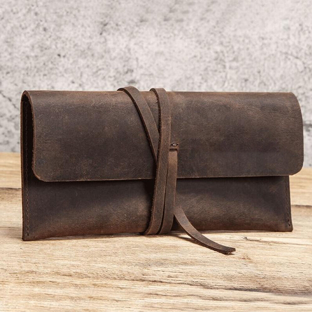 Handmade Cowhide Leather Roll Up Pen Bag Retro Vintage Pencil Pouch Case Tool