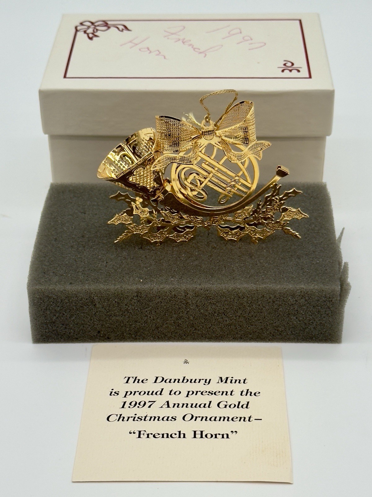 Stunning Danbury Mint 23k Gold Plated 1997 French Horn Christmas Ornament W/Box