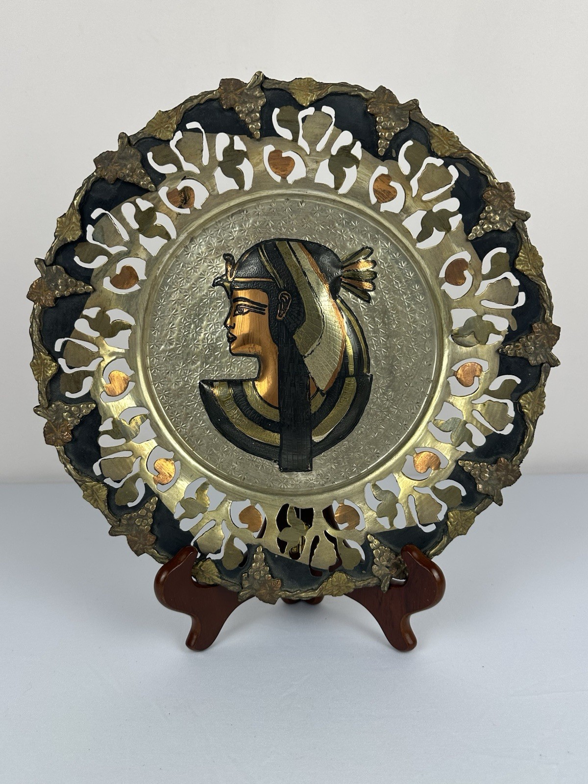Vintage Egyptian Nefertiti Brass Wall Plate 11.5” Pierced Rim Grapes Relief MC