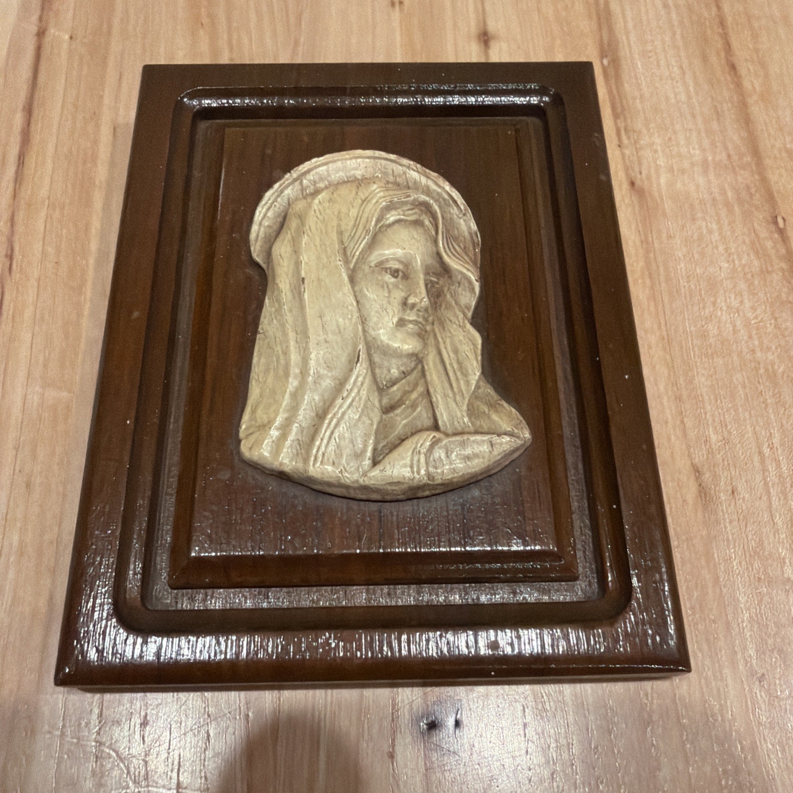 VTG Wood Carved Icon Virgin Mary Wall Hanging Picture 3D 5”x4” Beautiful
