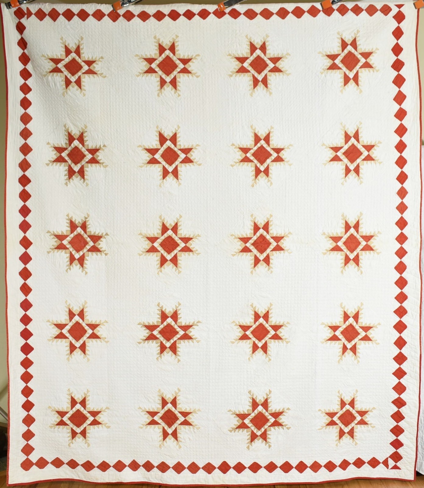 MAGNIFICENT Vintage 1870\'s Feathered Stars Antique Quilt ~Red Diamond Border