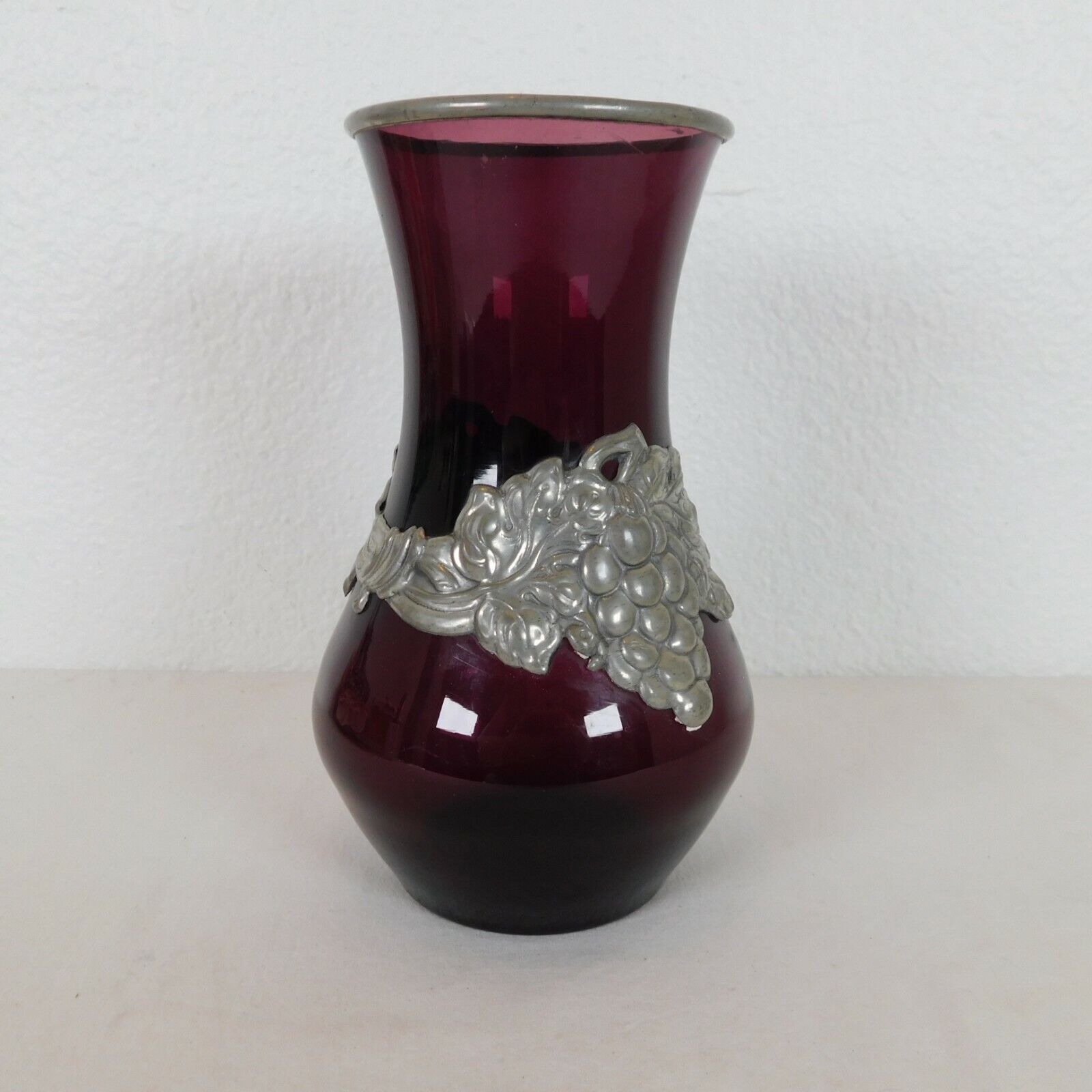 Amethyst Purple Glass Vase 8.5 in tall Metal Grape Vine Band Embellishment