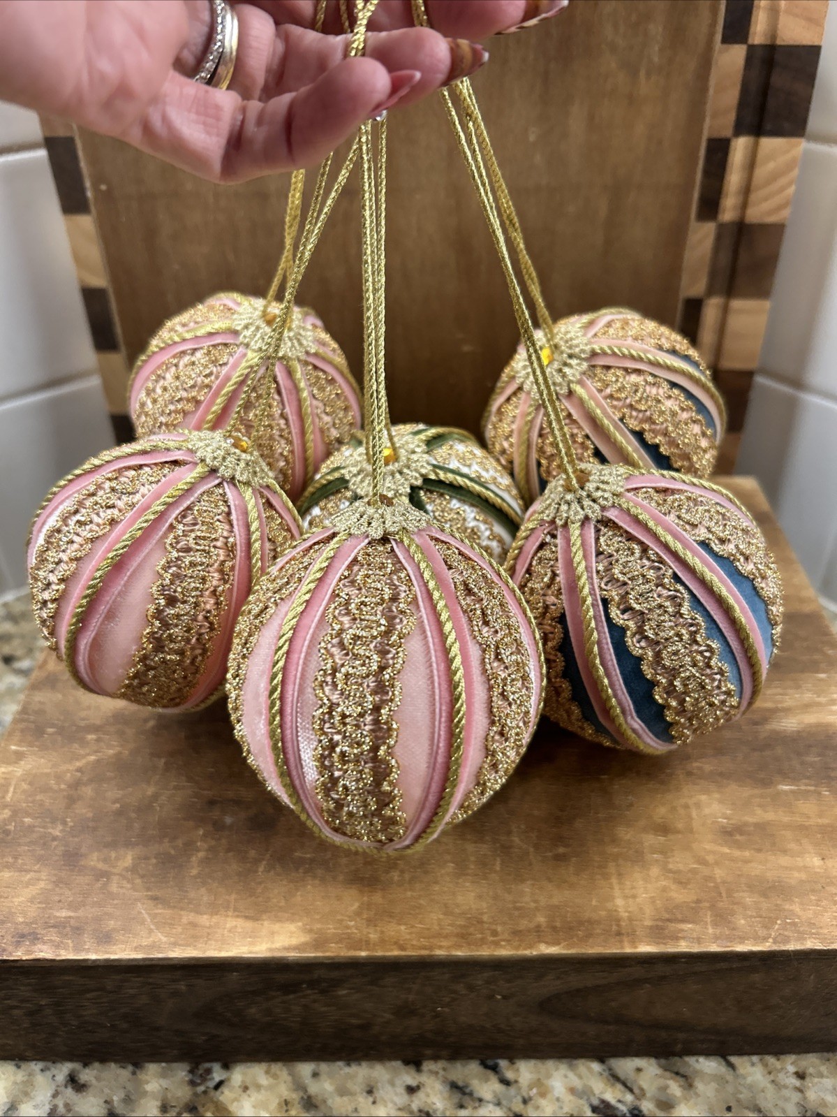 KOESTEL 6 Vintage Handmade West Germany Christmas Ornaments GOLD PINK GREEN