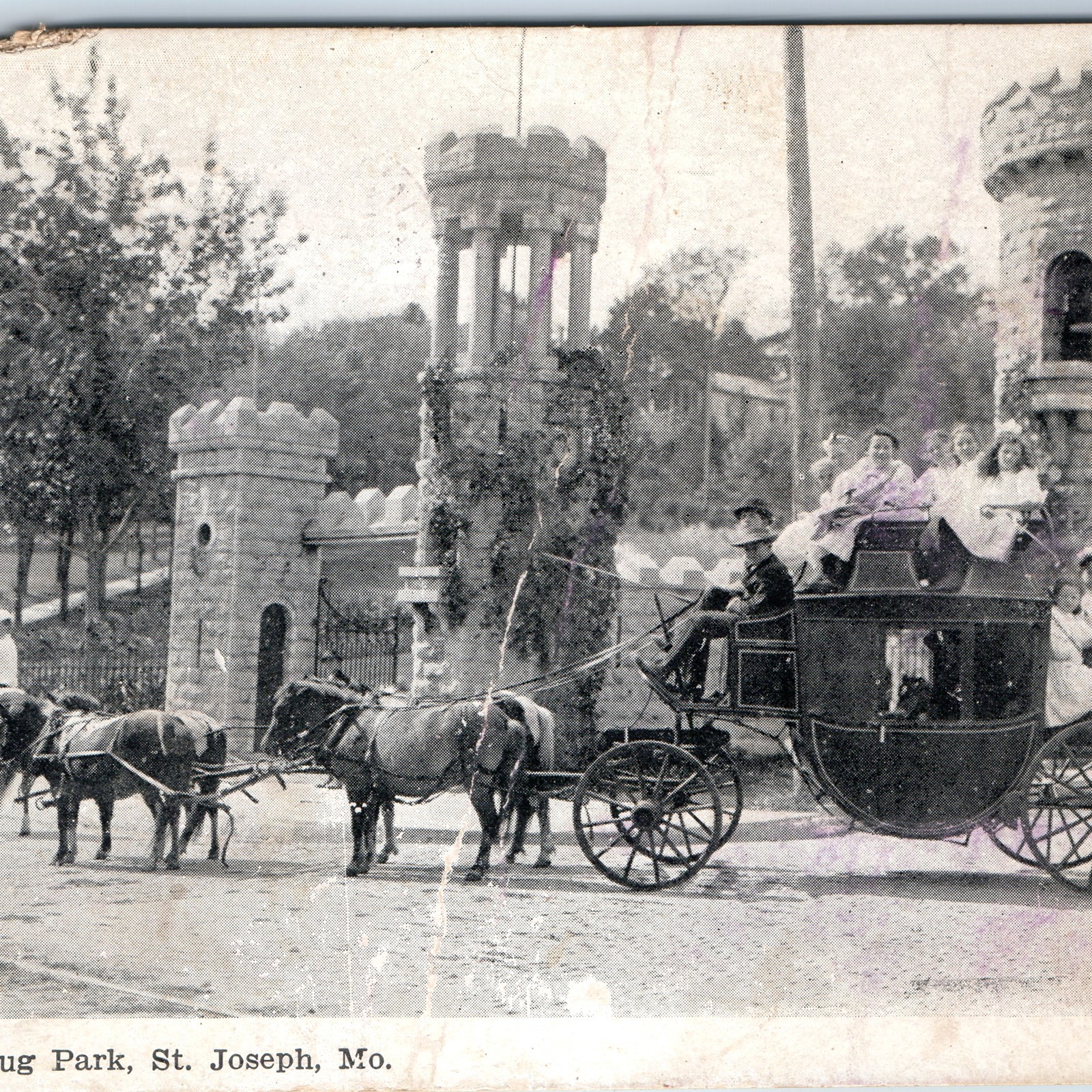 c1900s St. Joseph, MO Postcard Krug Park Entry Castle Gate Horse Carriage