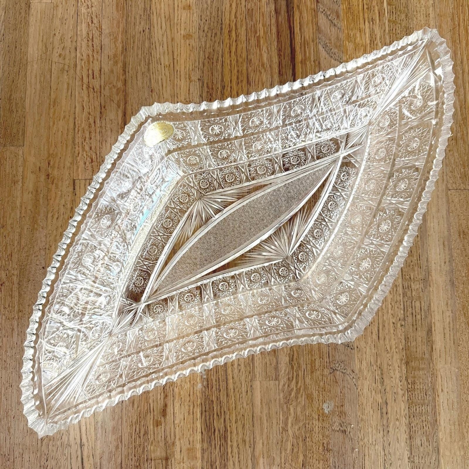Vtg 70s Hand Cut Bohemian Lead Crystal Tray Czechoslovakia 17.5in Serving Dish
