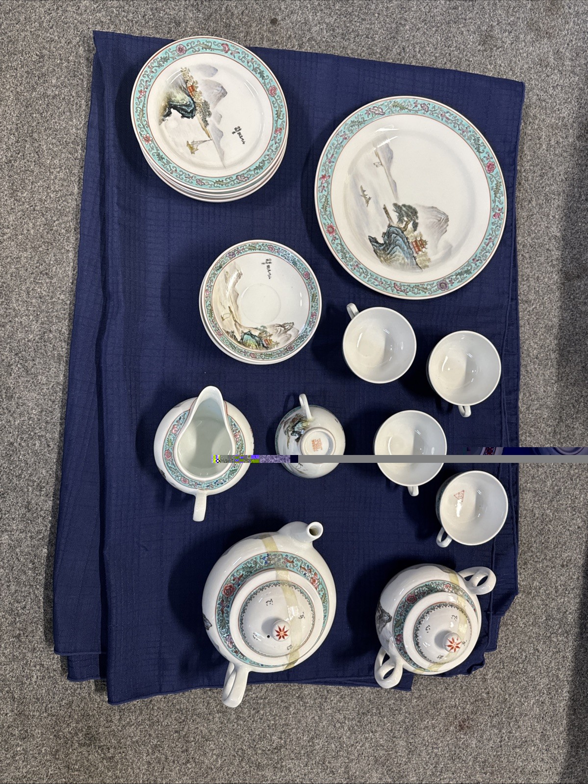 Vintage Jingdezhen 21 Pc Tea Set Chinese Shan Shui Landscape Turq Famille Rose