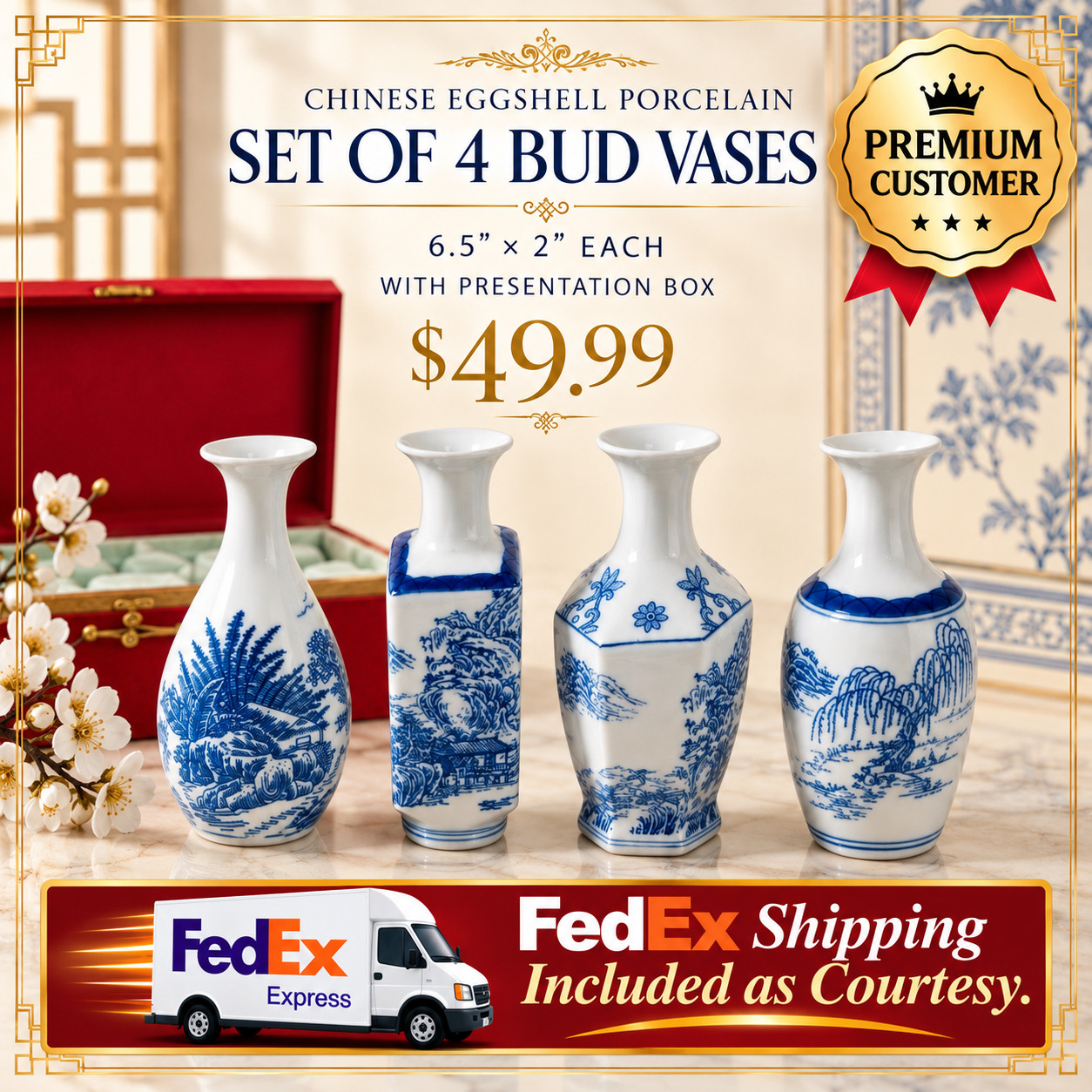 Jingdezhen Chinese Eggshell Porcelain Bud Vases 6.5” Set of 4 w/ Box