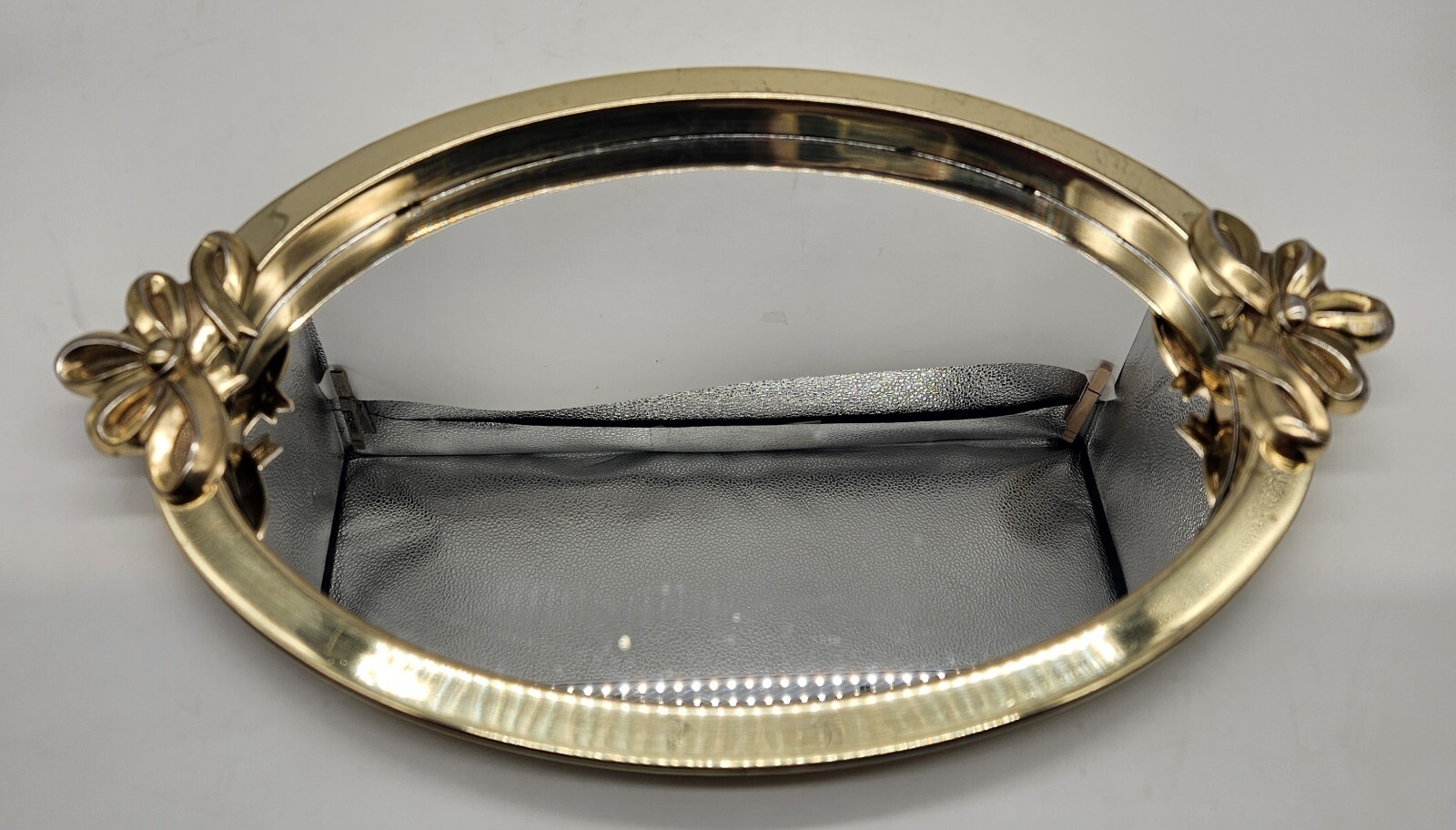 Vintage Brass Tone Mirrored Vanity Perfume Dresser Tray Hanging Wall Mirror