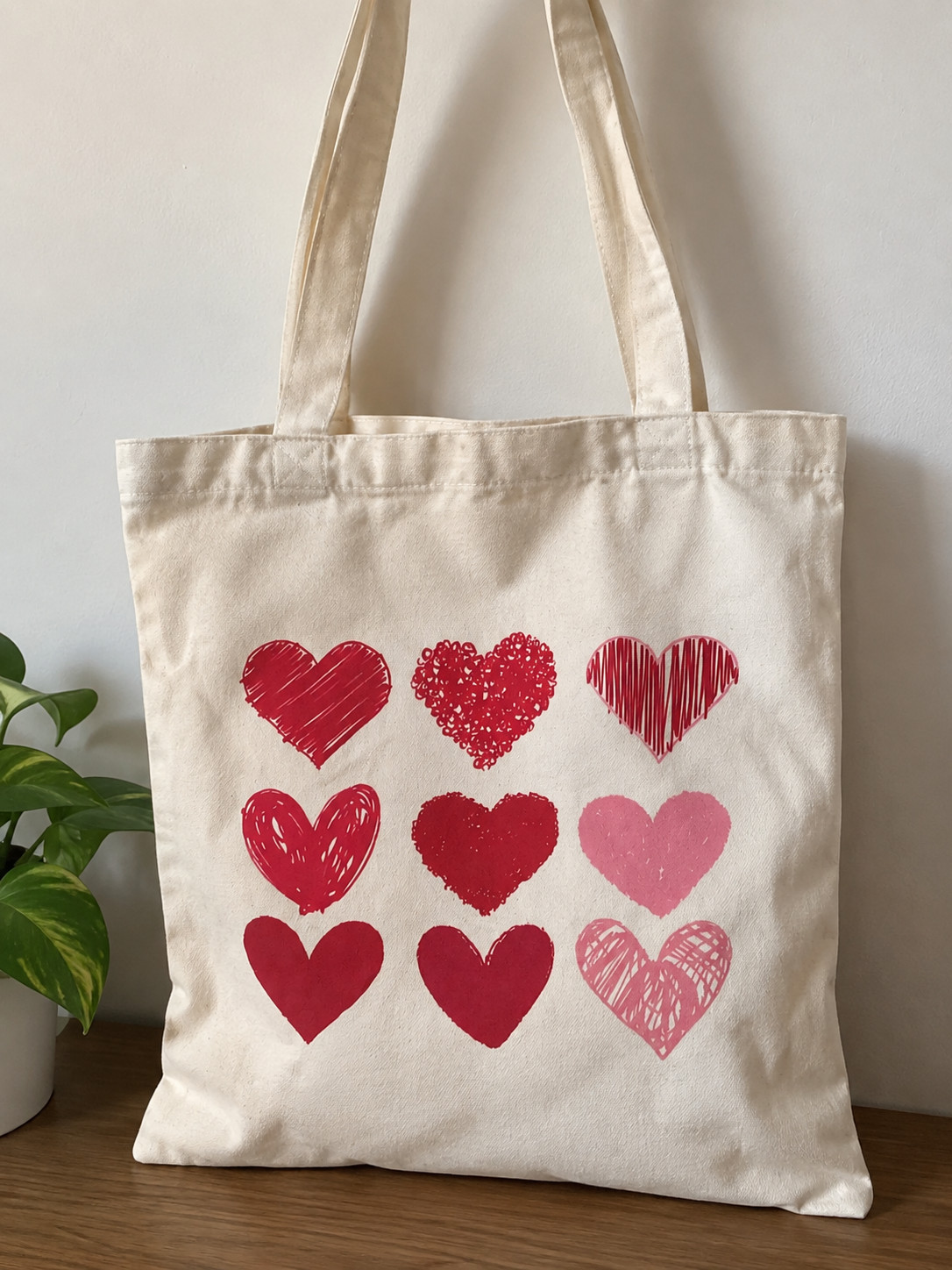 Canvas Tote Bag Red Pink Hearts Love Design Reusable Shopping Carry Bag