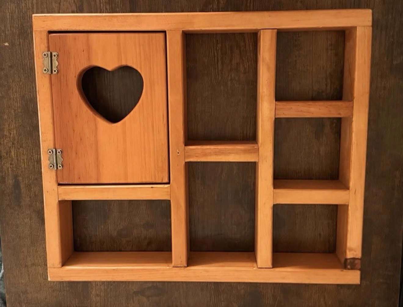 Vintage Wooden Heart Cutout Trinket Shelf With Hinge Door