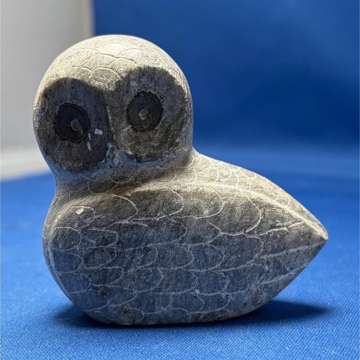 Carved Stone Owl Figurine Gray w/ Engraved Scale Pattern Signed Ostok 3 in