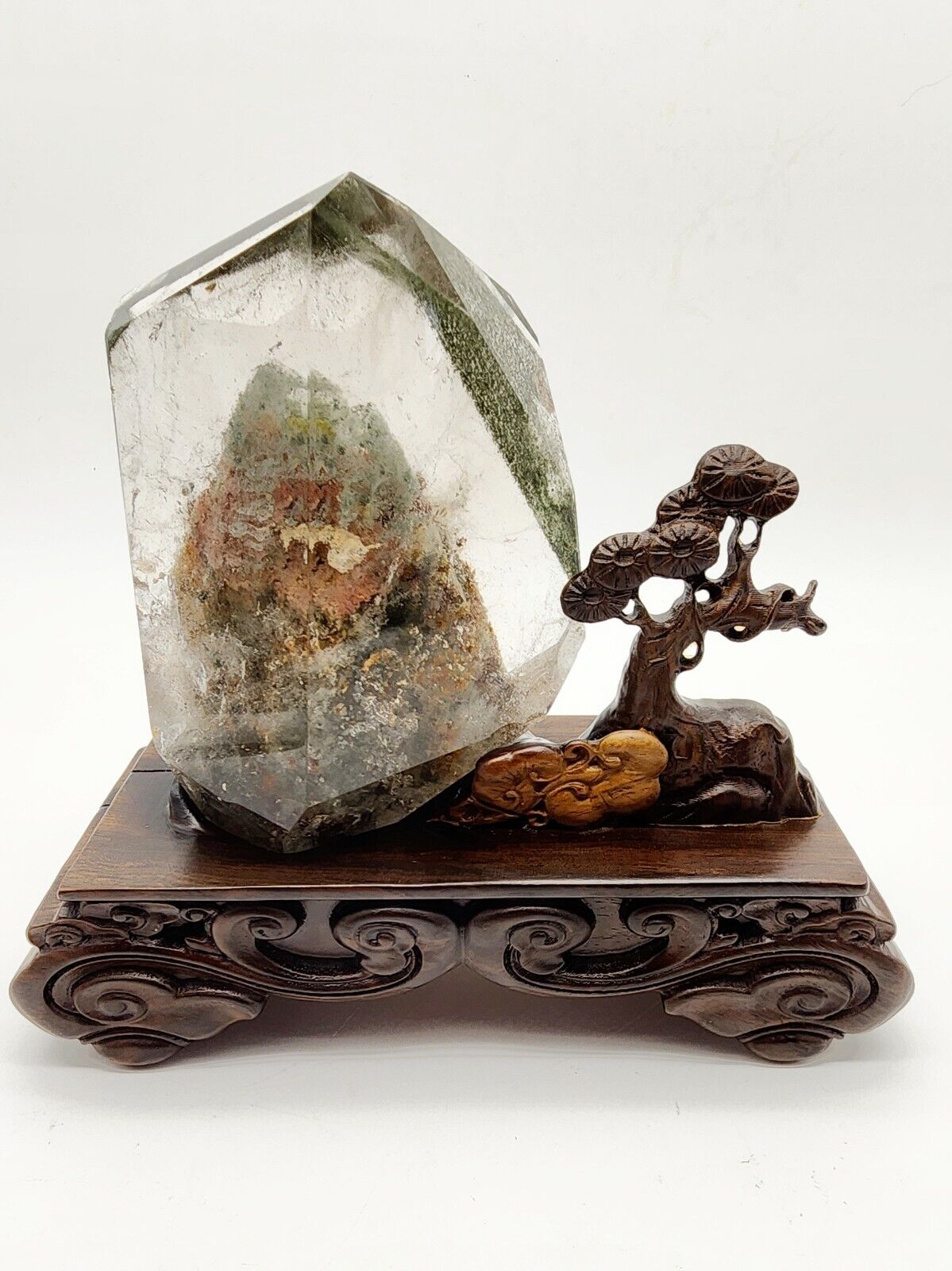 Garden Quartz AAA Grade, Clear Freeform With Unique Carved Custom Wood Stand 
