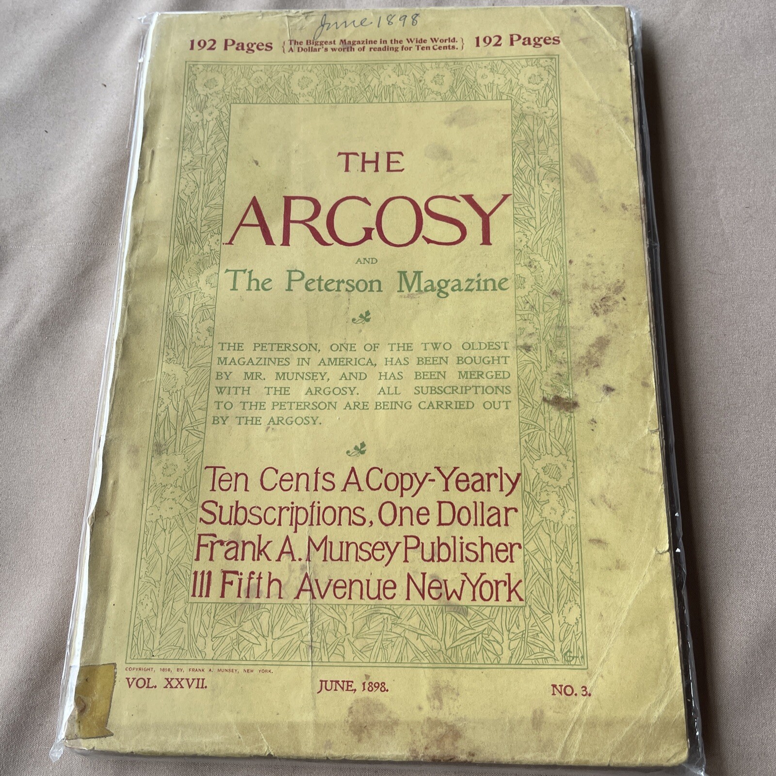 Vintage Argosy And The Peterson Magazine April 1898 Vol. XXVII No 3 Condition VG