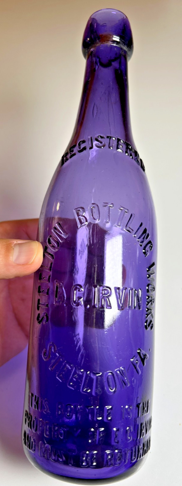 RARE E Irvin Steelton Pennsyanvlia PA Amethyst Blob Top Bloptop Bottle Purple