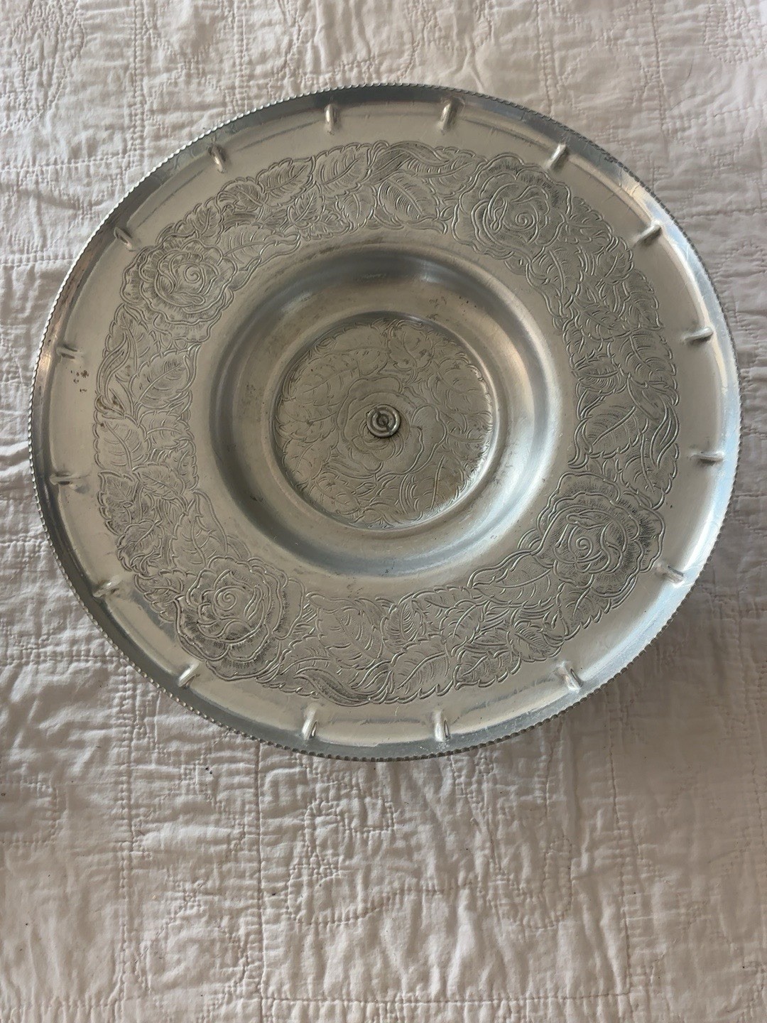 Vintage Gailstyn Aluminum Lazy Susan Floral Rose Pedestal Serving Tray MCM