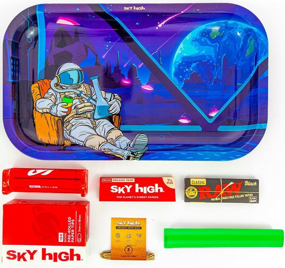 Metal Rolling Tray Astronaut Combo Bundle Kit RAW, SKY HIGH Gift Pack Set #8