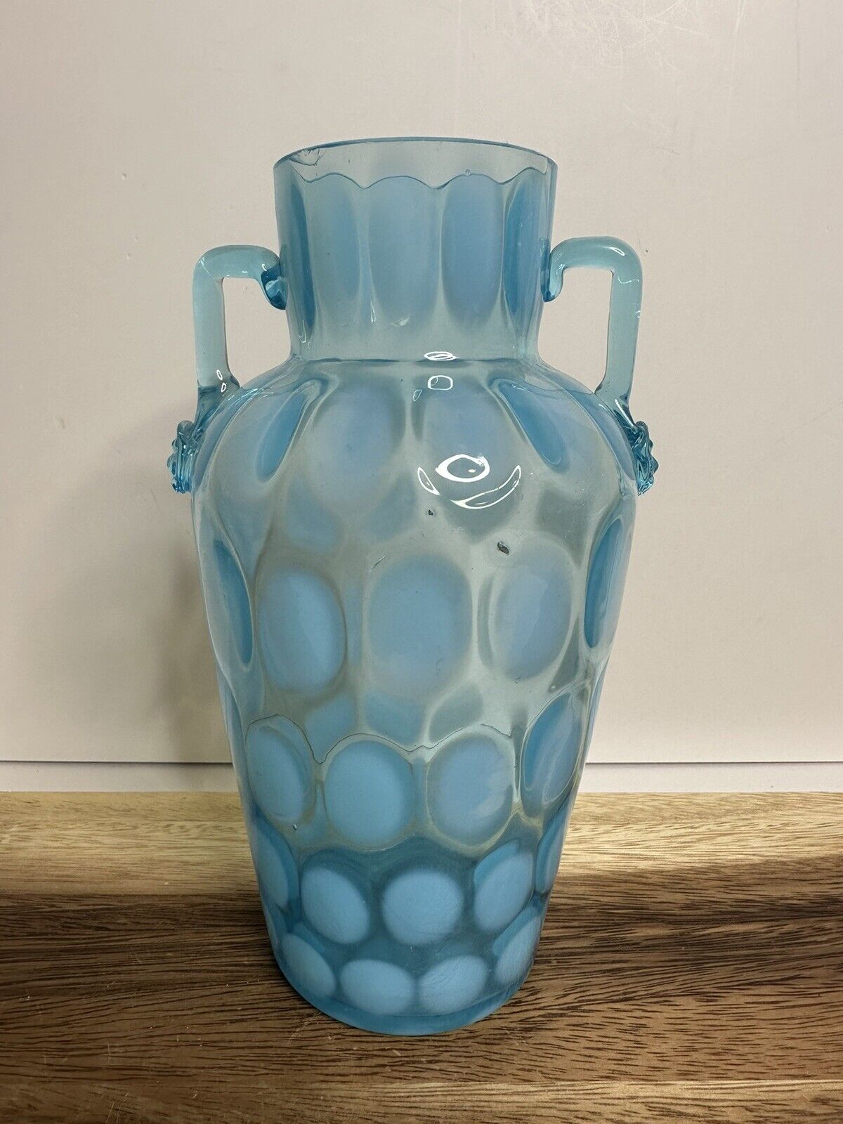 Rare Victorian Blue Glass Vase with Opalscent Dot Pattern W/Applied Arms *As Is