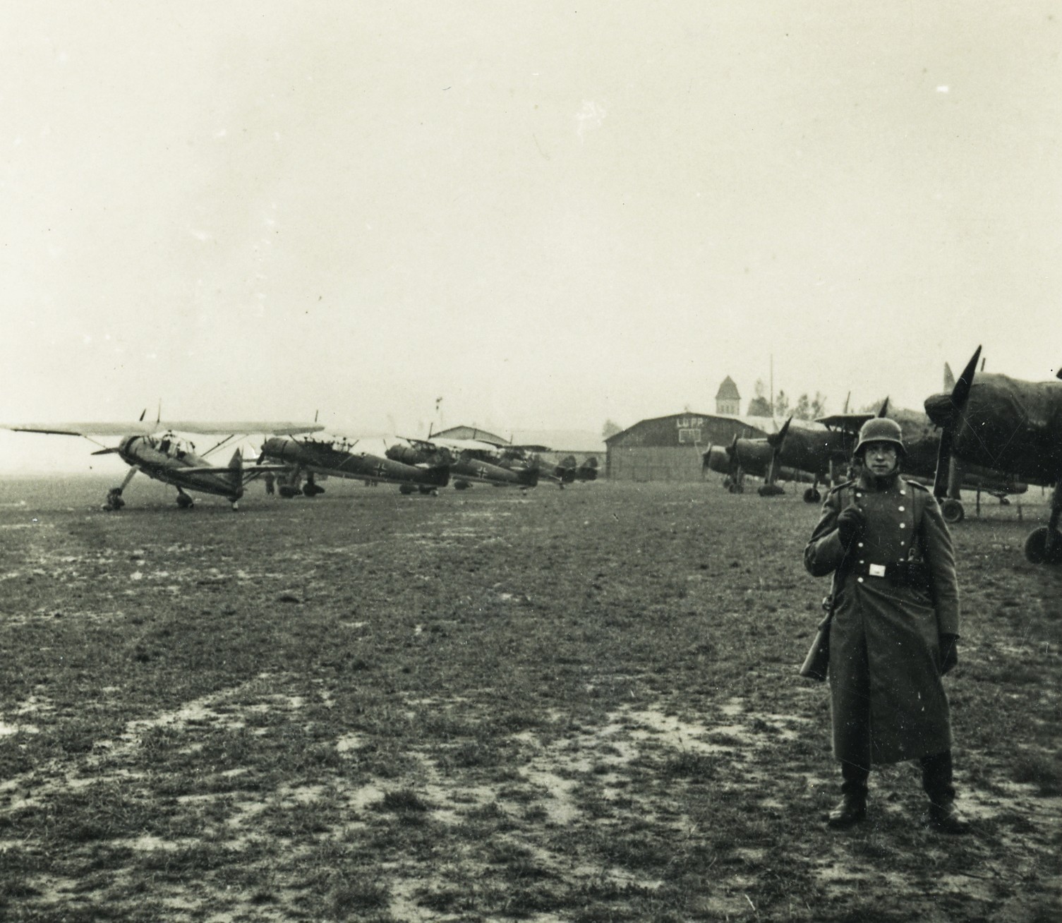 Lodz Airport, Poland. german soldier, aircraft, Vintage fine art STEREO Photogra