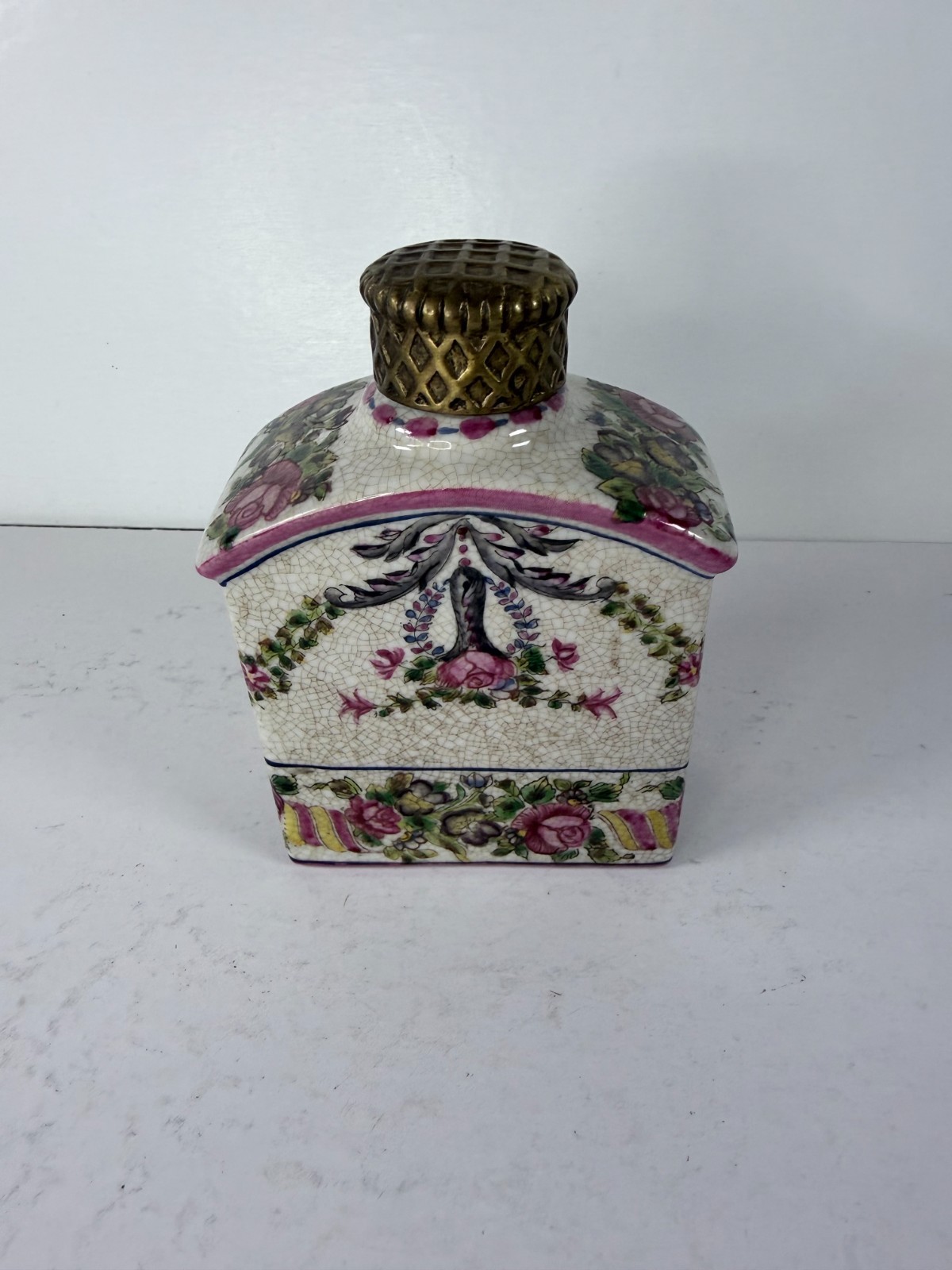 Vintage JUWC United Wilson 1897 Crackle Glaze Porcelain Tea Caddy Brass Lid