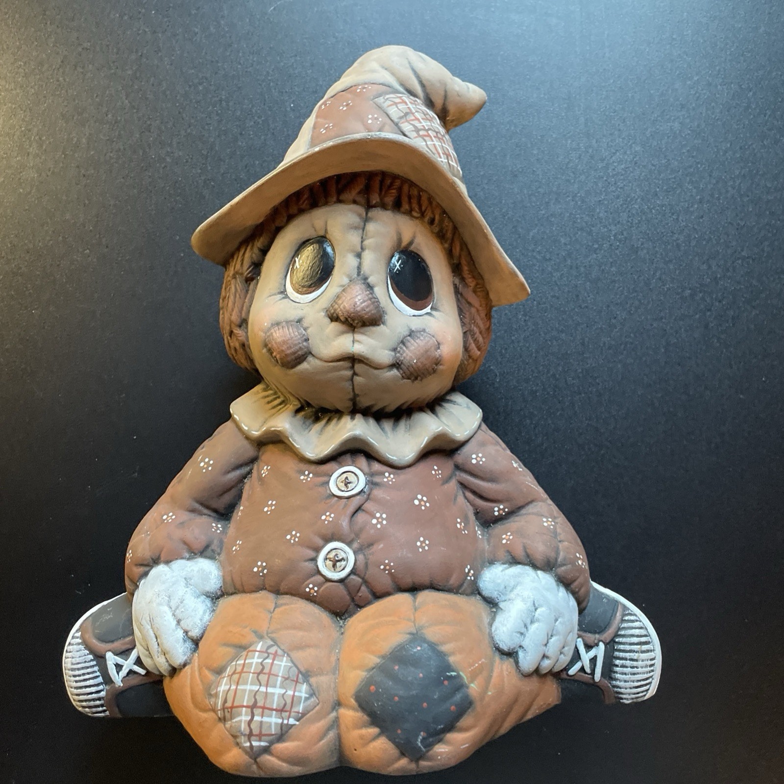 Ceramic Brown Patchwork Scarecrow Figurine Halloween Decor Fall Autumn Harvest