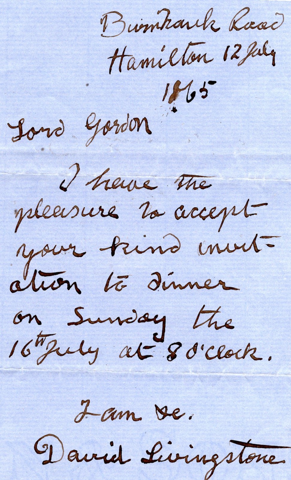 DR. DAVID LIVINGSTONE   - 1865 LETTER SIGNED FROM HAMILTON, SCOTLAND