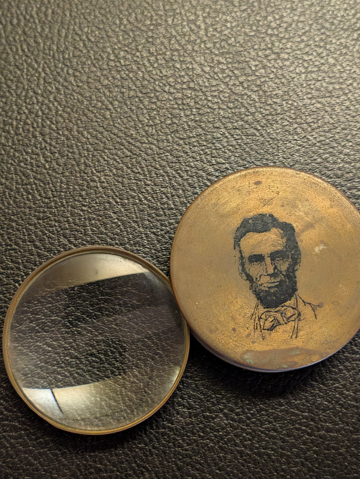 Vintage Antique Brass Folding Pocket Magnifying Glass Lincoln Portrait Loupe