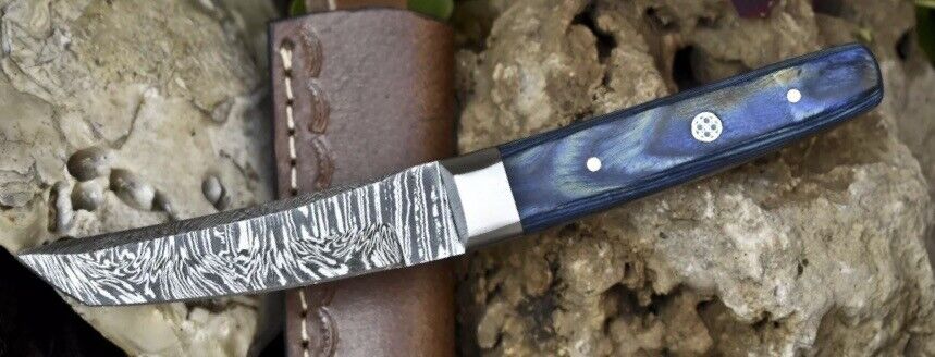 Hand Crafted Damascus Tanto Knife - Hard Wood Handle - Steel Bolster w/ Sheeth