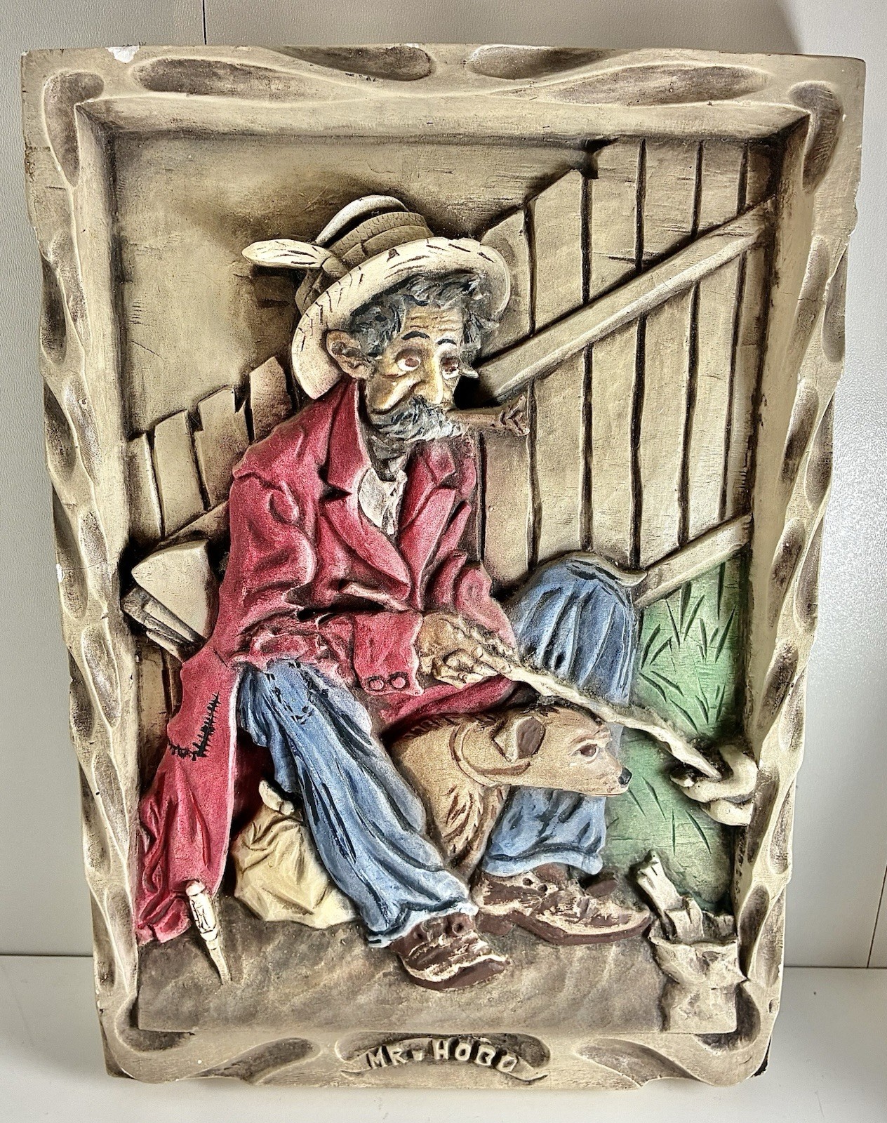 Vintage Chalkware Mr. Hobo and His Dog, 8X12” 3D Wall Hanging, Very Cool.