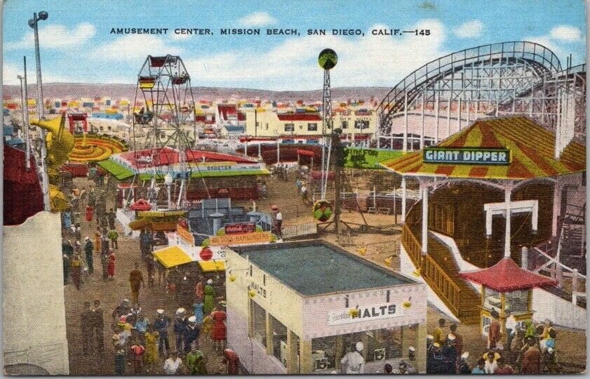 c1940s SAN DIEGO, California Postcard MISSION BEACH Amusement Park View - Linen