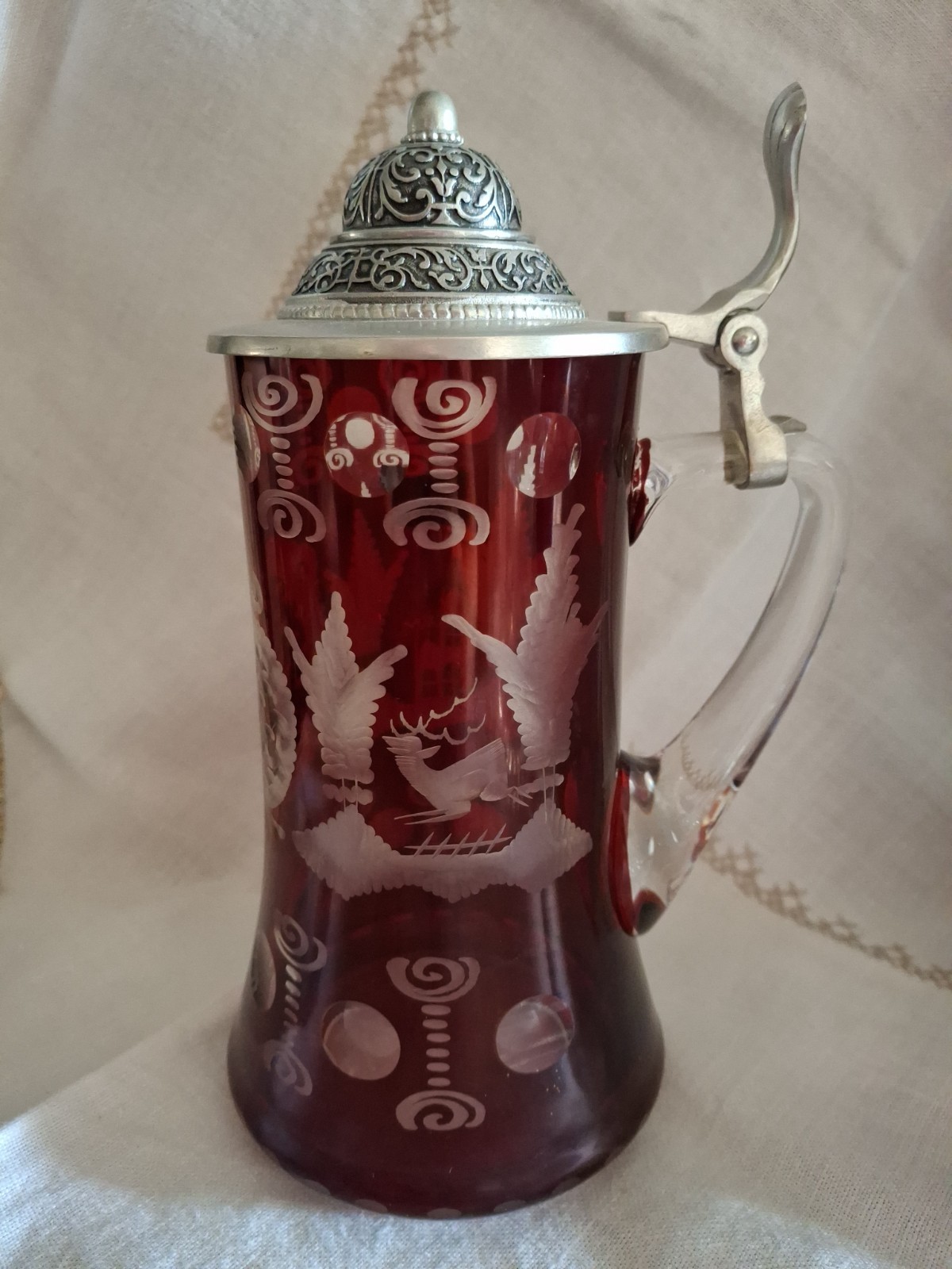 Vtg Egermann Ruby Cut to Clear Glass Beer Stein With Lid & Deer Collectible 