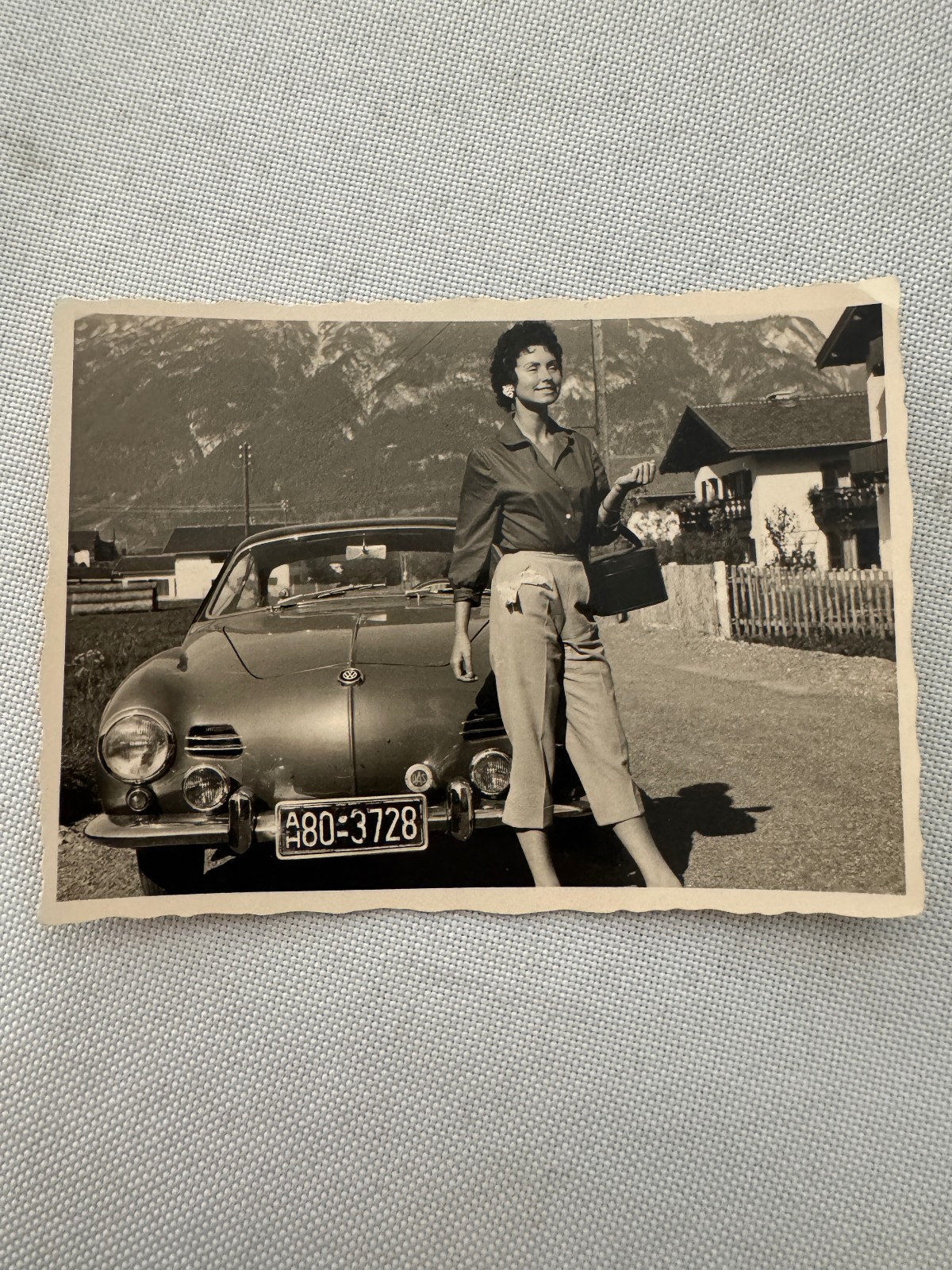 Vintage Snapshot Photograph Woman with Volkswagen Karmann Ghia VW Car Photo