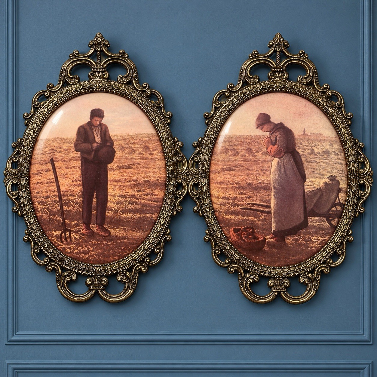 Pair Oval Metal Frame Glass Farmer Prints Angelus Convex Glass Original 17x12”