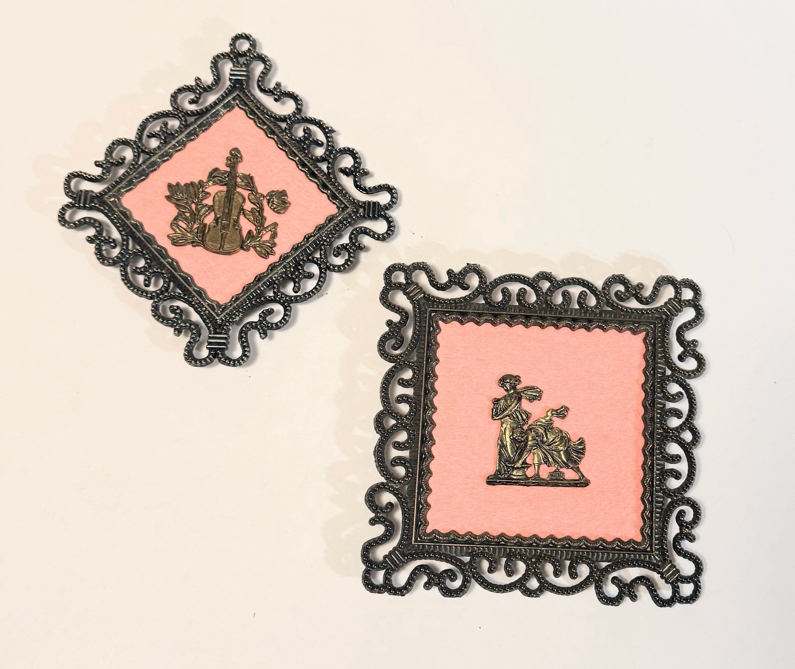 E.A. Riba Co. Pair Vintage Ornate Metal-framed Cameo Roses Wall Hangings MCM