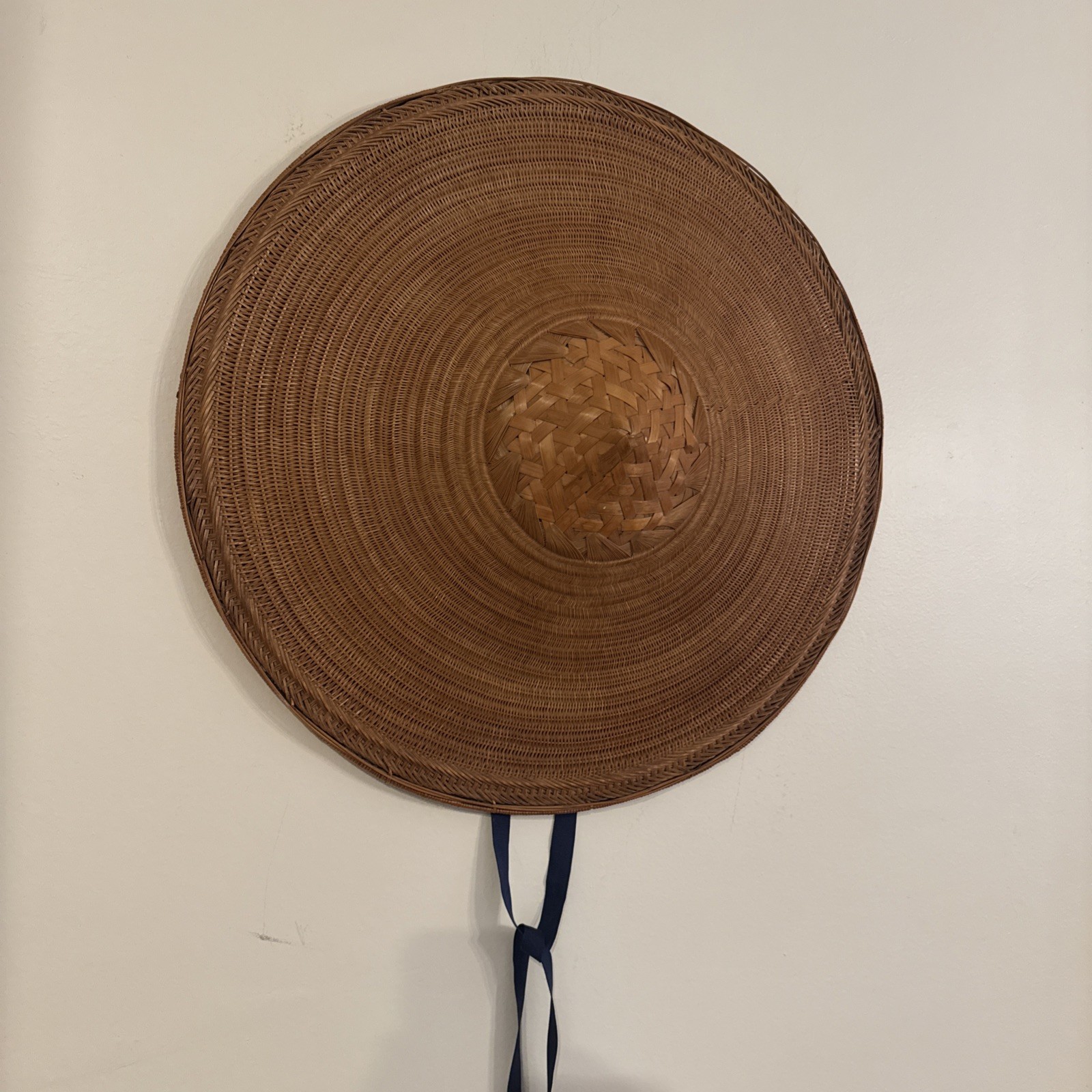 Vtg Asian Chinese Coolie Conical Hat Rice Paddy Sun Intricate Woven Bamboo 