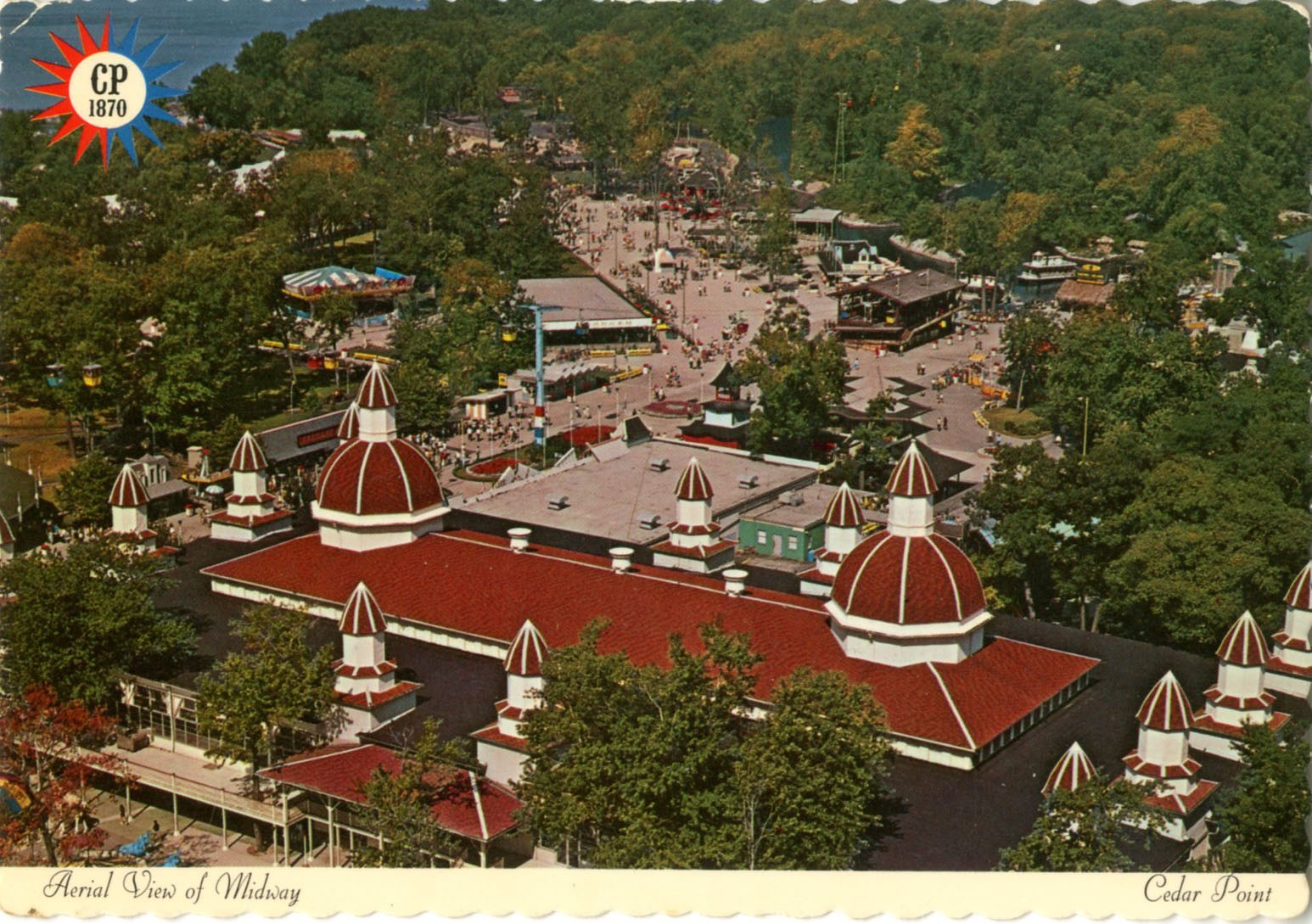 An Aerial view of the Midway and Coliseum Postcard from Cedar Point
