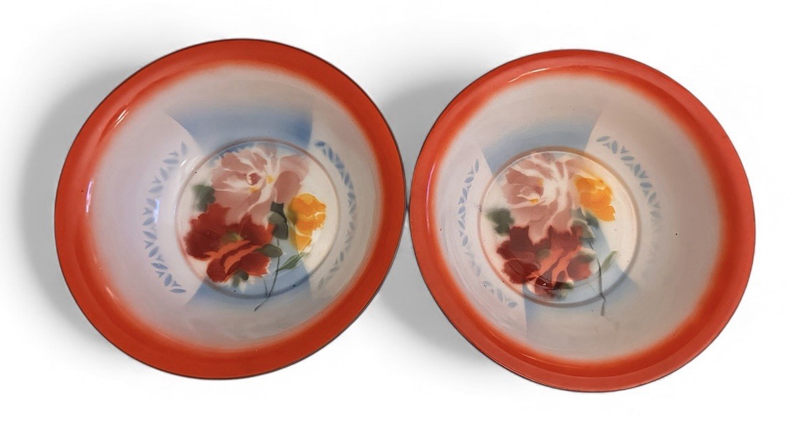 Vintage LIU GUAN Enamelware Two Matching Flowered Serving Bowls Made In China