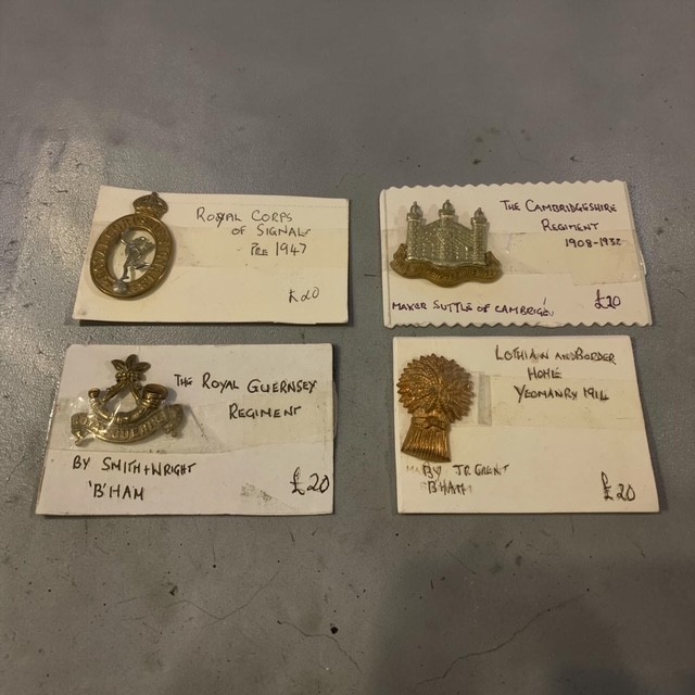 Collection of 4 Vintage British Military Cap Badges — Genuine Maker-Marked Lot